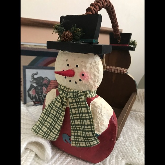 Rare Vintage 70’s Handmade Wood Snowman Basket - Picture 6 of 7
